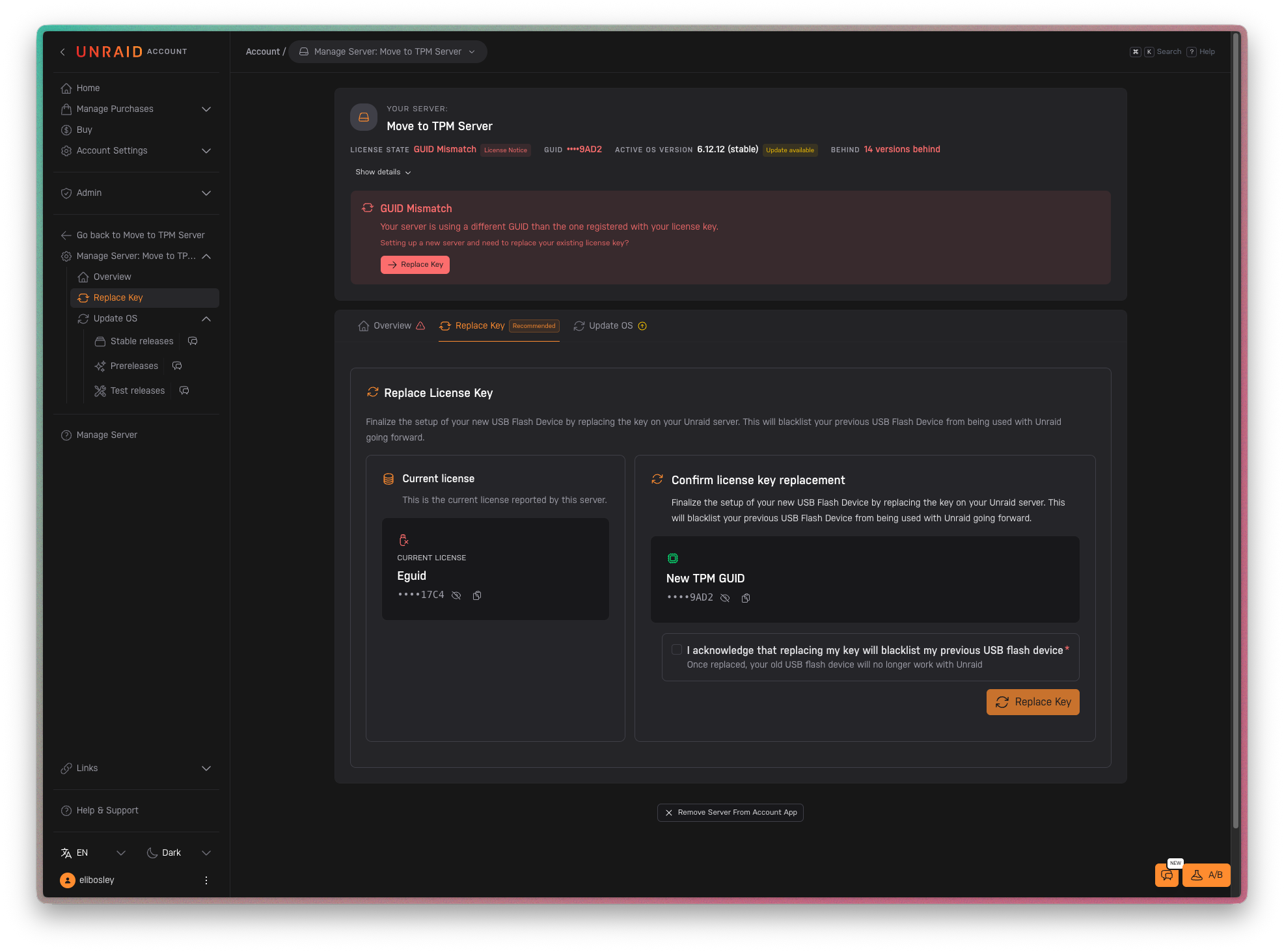 Replace License Key screen shown after clicking Move License to TPM